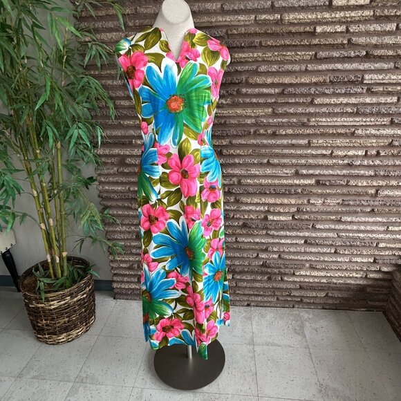 Alice Polynesian Fashions Bold Daisy Floral Maxi Dress Barkcloth Look - Picture 5 of 9